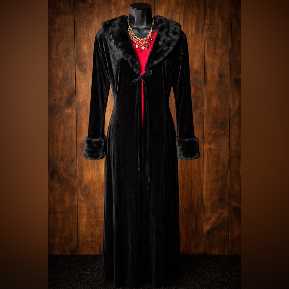Black Velour Duster Robe Faux Fur Trim Gothic Witchy Maxi Evening Coat Size M